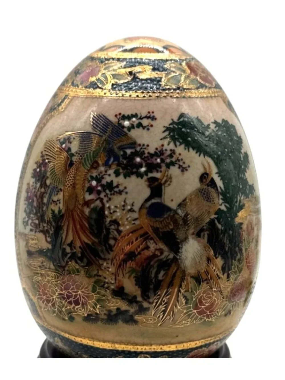 Vintage Satsuma Hand Painted Porcelain Egg Peacock & Floral Gilded 5